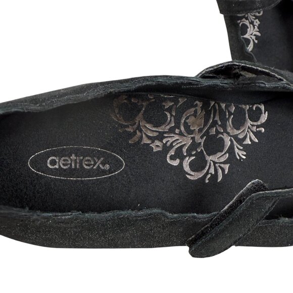 Aetrex Black Leather Scalloped Mary‎ Jane Flats Slip On Comfort Shoes Size 8.5 - Picture 6 of 9